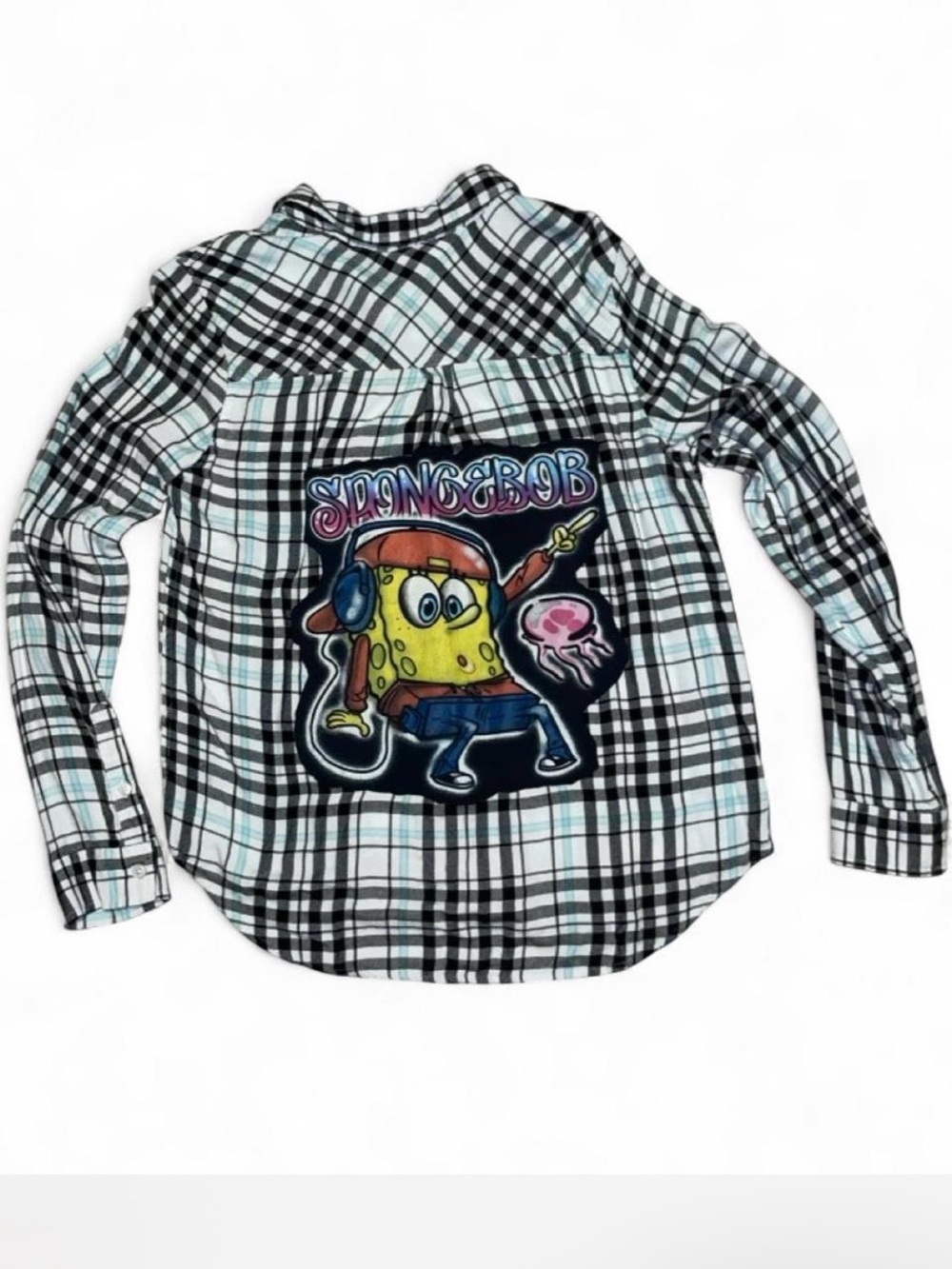 Upcycled SO Plaid Long Sleeve Top with SpongeBob Graphic - Black & White